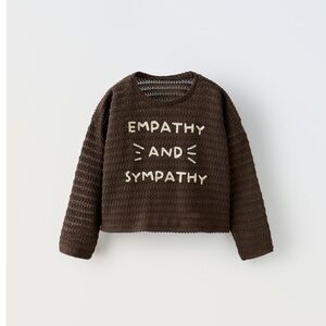 NWT Zara 12-18m knit long sleeve shirt top with text Empathy and Sympathy brown